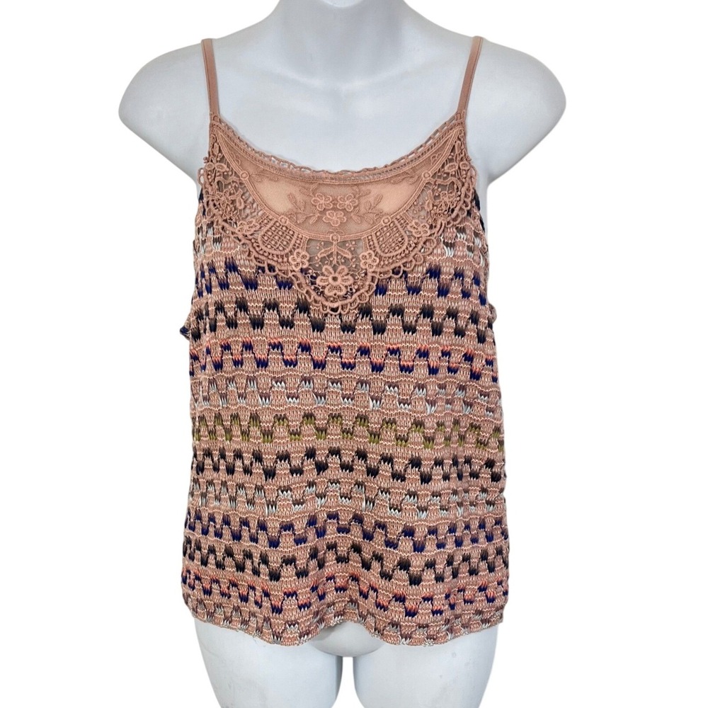 Free People Cami Tank Women Large Pink Multi Chevron Knit Lace Trim Y2K